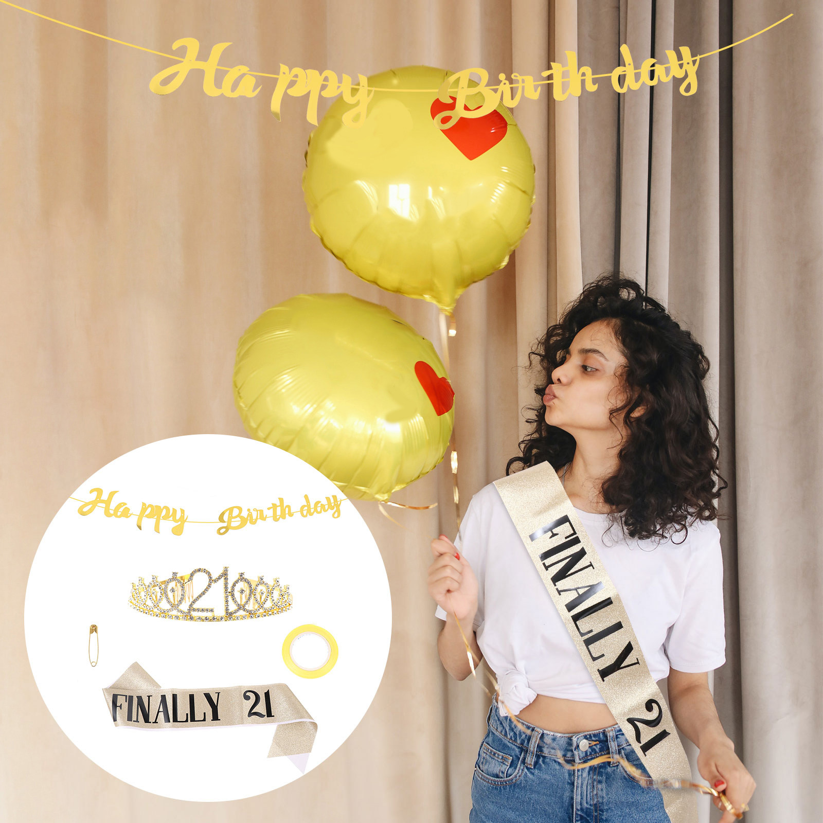 Birthday Sash Glitter - グリッターバースデークラウンセット ゴールドグリッターパーティーバナー エレガントなラインストーンサッシュ バースデーパーティー用品 サッシュクラウンセット