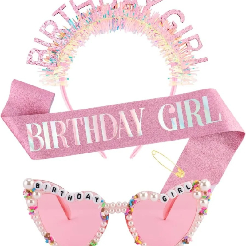 Birthday Sash Glitter - バースデーガールサッシュ グリッターヘッドバンド ティアラ クラウン サングラス ピンク