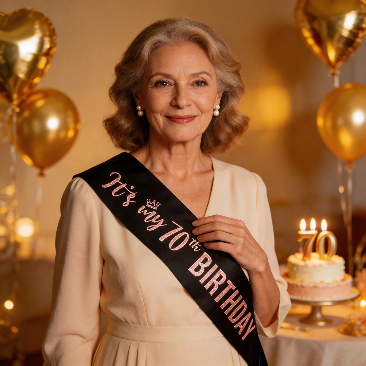Birthday Sash Glitter - エレガントな「私の70歳の誕生日です」サッシュ（ローズゴールドグリッター付き）- 女性のマイルストーンのお祝いパーティー用ブラックサテンリボン