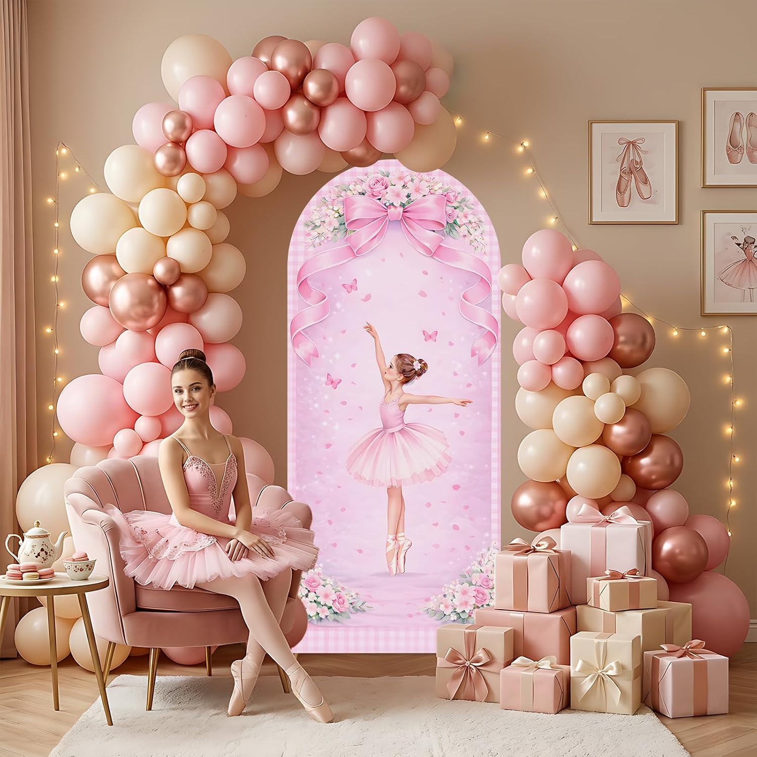 Dessert Table Backdrop - カスタム2面バレリーナアーチ型背景幕カバー 誕生日パーティー装飾 ピンクのリボン バレリーナガール 花柄 誕生日デザートテーブル背景