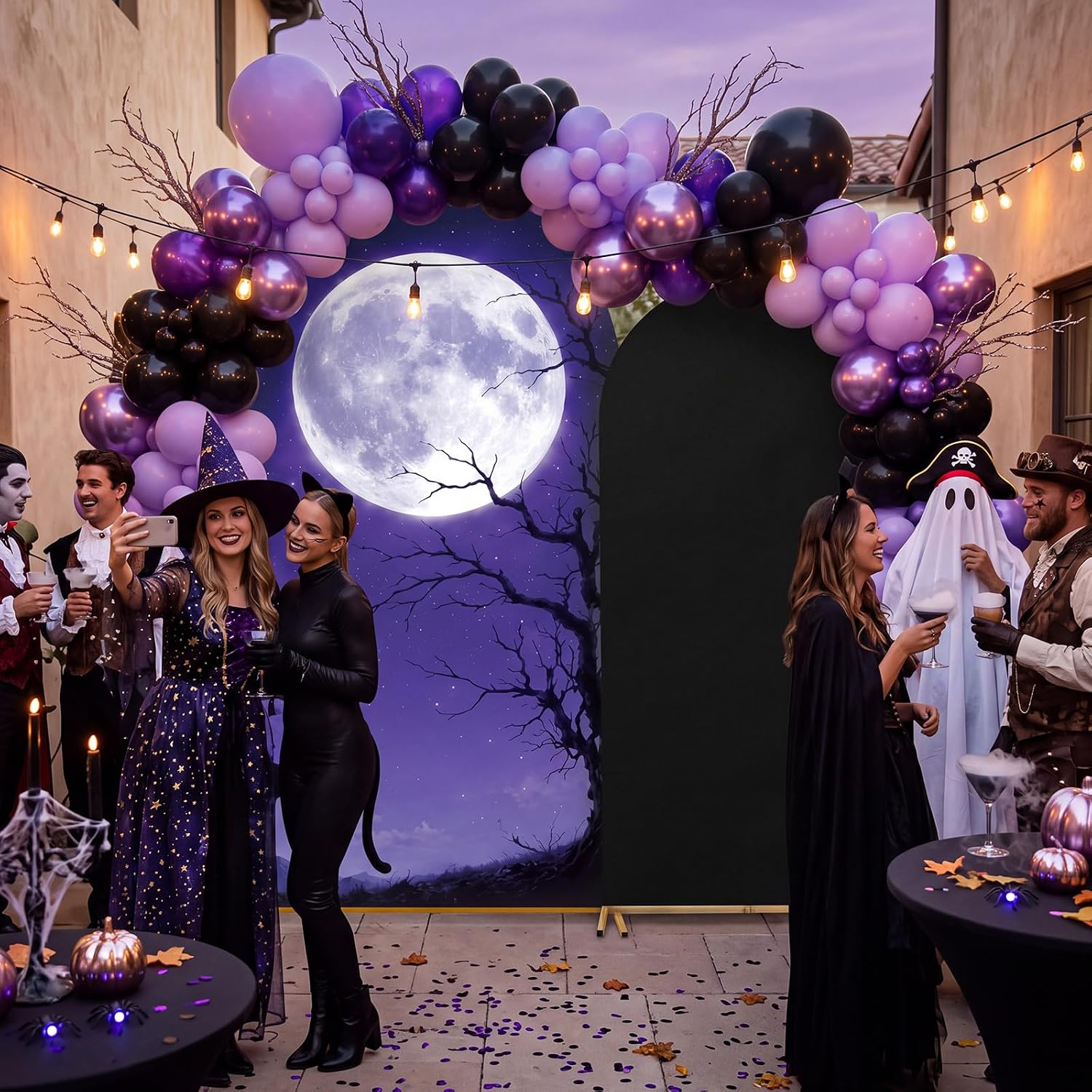 Dessert Table Backdrop - カスタム2面ハロウィンホリデーファミリーパーティーバナーアーチ背景カバー パープルムーンナイト ハロウィンデザートテーブル背景