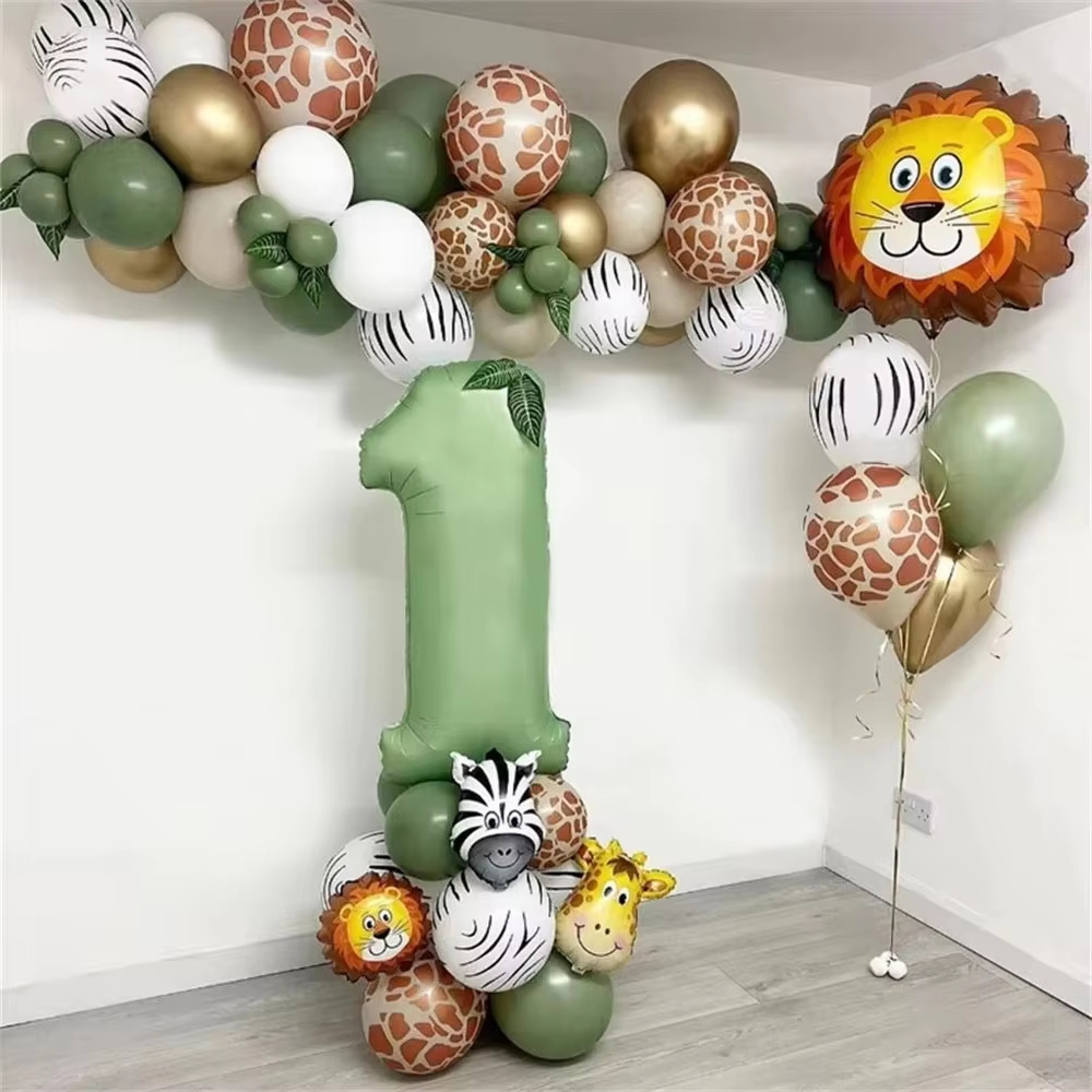 Balloon Arch Kit - ジャングルアニマルバースデーバルーン セージグリーンナンバーバルーンアーチガーランド ベビーシャワー ワイルドワン サファリバースデーパーティーデコレーション