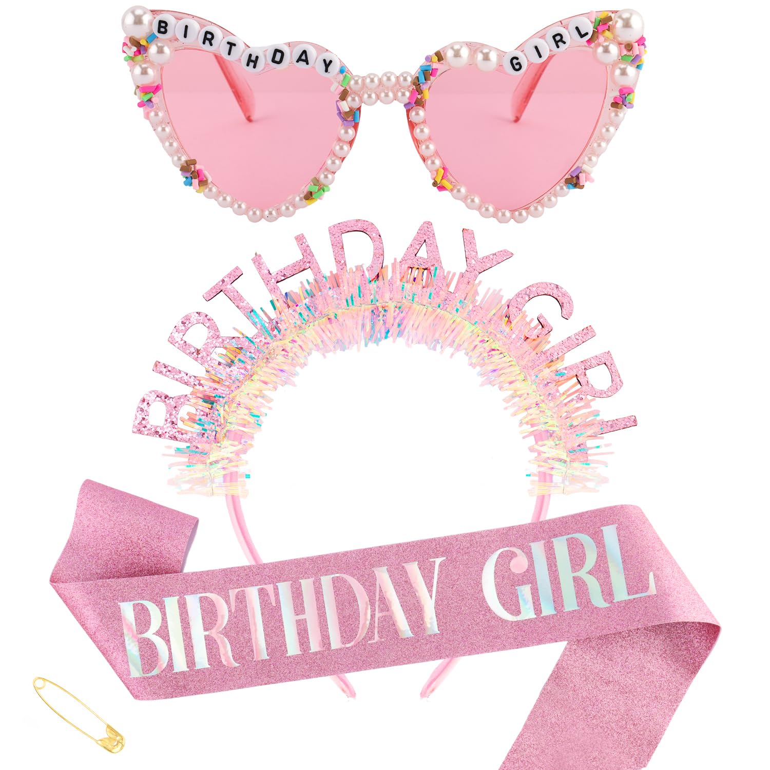 Birthday Sash Glitter - 誕生日ガールヘッドバンドサッシュサングラスセット、ピンクの誕生日アクセサリー、グリッター誕生日クラウン＆サッシュ、パーティーデコレーション用ギフト