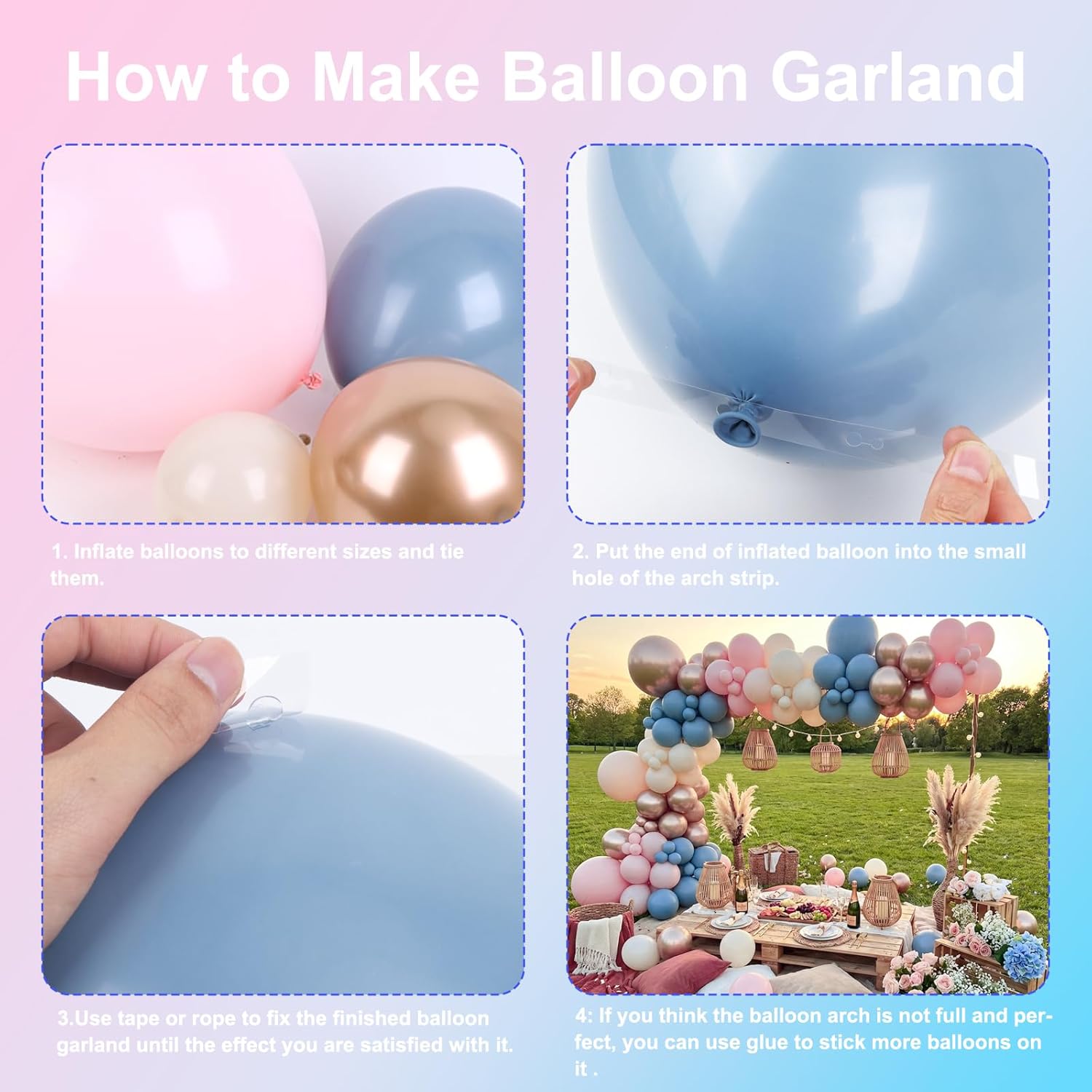 ダスティピンク、ブルー、シャンパンゴールドのラテックスバルー - Balloon Arch Kit のレビューと価格